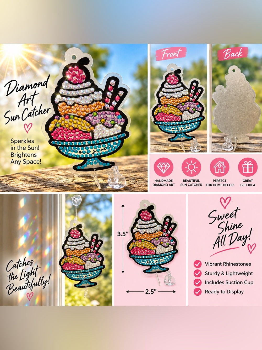 Handmade Ice Cream Sundae Diamond Art Sun Catcher - Sealed